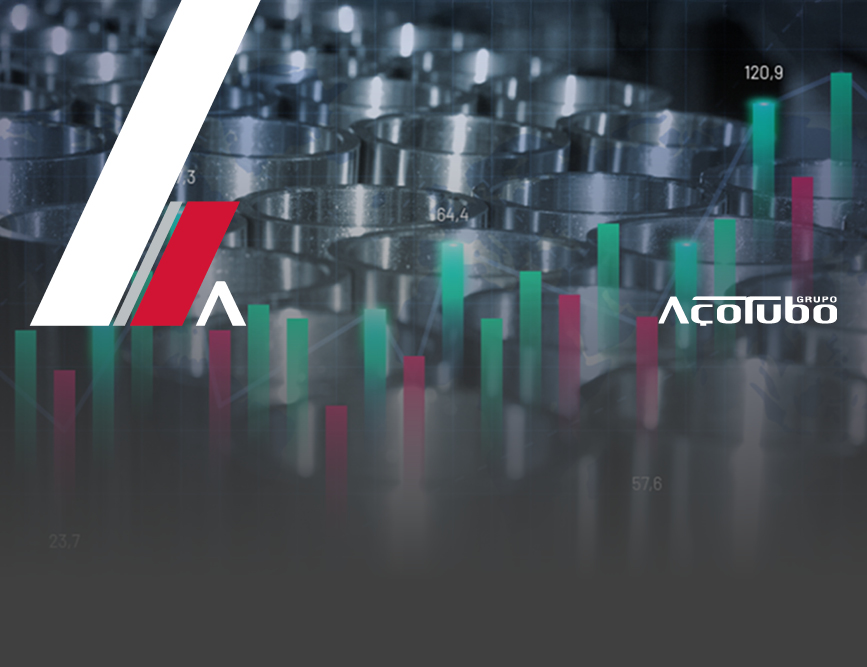 alt="tubos de aço com grafismos decorativos de gráfico"